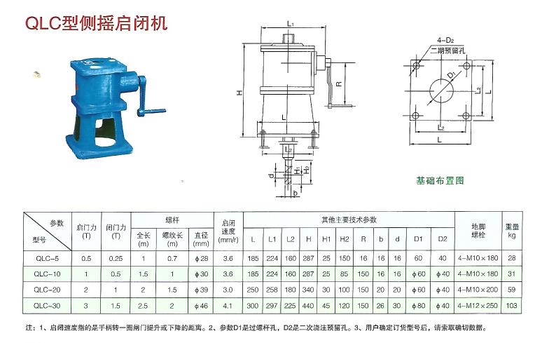 QLC型側(cè)搖啟閉機(jī)結(jié)構(gòu)布置圖及技術(shù)參數(shù)表