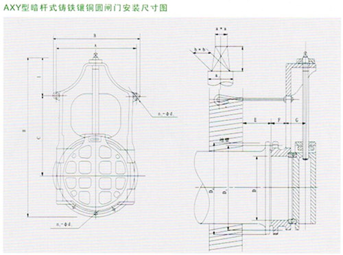 AXY型dn300暗桿式鑄鐵圓閘門外形安裝技術(shù)尺寸參數(shù)